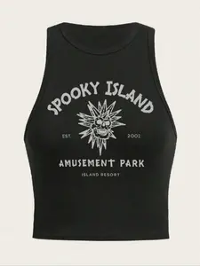 Women's Summer Letter Print Round Neck Crop Top, Y2K Style Tight-Fitting Casual Elegant Fitted Sleeveless Vest, Moderate Fabric Casual Wear