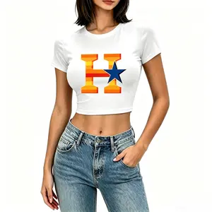 Womens Crop Top Tee Letter H Star Print Short Sleeve Casual White T Shirt