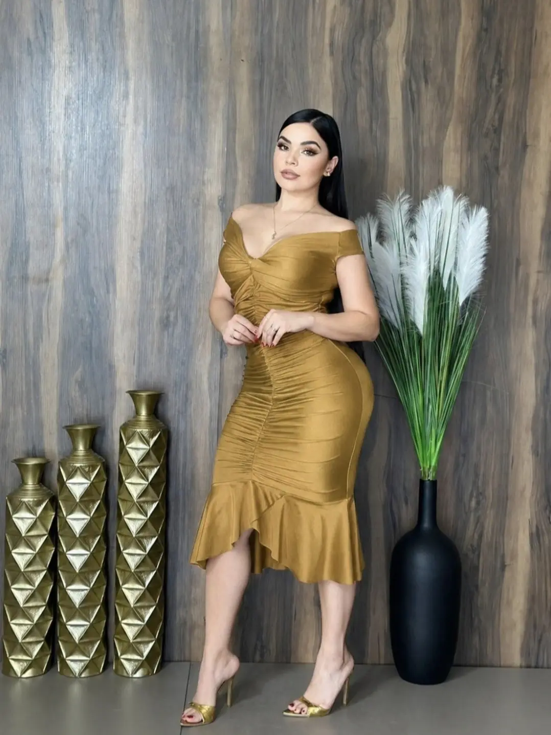 Hadassah Women's Off-Shoulder Ruched Front Fitted Mid-Length Mermaid Dress - Stretchy Fabric, True-to-Size Pullover for Formal Birthday Events