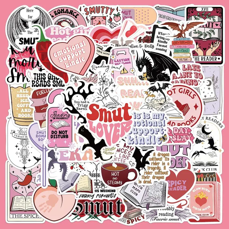 Bookish Smutty Reading Series Sticker, 52pcs/set Waterproof Decorative Sticker with 1 Count Box, Multicolor DIY Decorative Sticker for Phone Case, Laptop, Notebook, for Kindle, Helmet, Skateboard