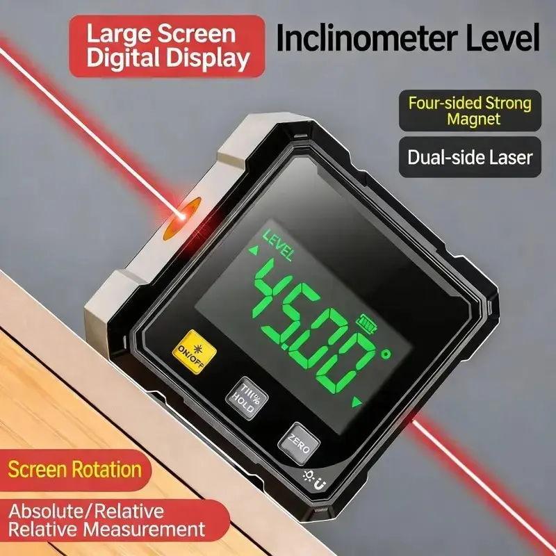 Digital Angle Meter with Electronic Laser Level, Quad Strong Magnet Protractor, Woodworking Measurement Tool, Precision Angle Finder, Inclinometer Level, Digital Display, Large Screen, Screen Rotation