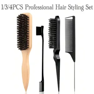 4-Piece Professional Hair Styling Kit – Natural-Feel Bristle Brush with Sectioning & Styling Combs for Smooth, Polished Hair and Salon-Style Results, Brush Set, Paddle Brush