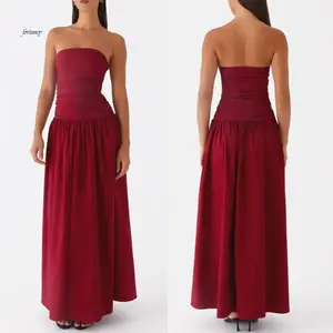 Women's long tube dress with ruching, boat neckline, backless design, sleeveless strapless flowy dresses