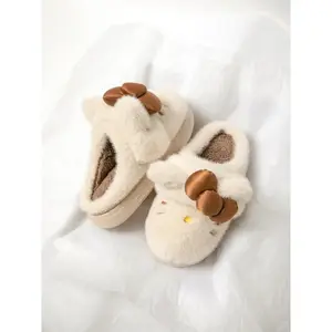 Women's Cartoon Bow Winter Indoor Slippers, Fuzzy Warm Slippers, Warm Comfortable Durable Textile Shoes, Fall & Winter Bedroom Footwear