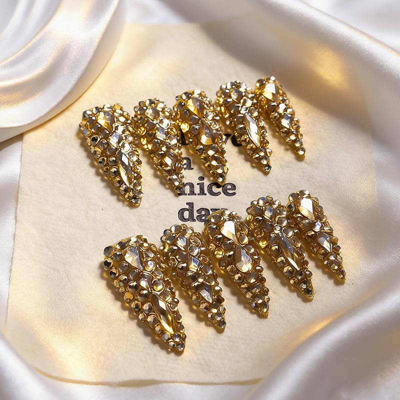 Bohemian 10PCS 3CM Long Waterdrop Pointed K9AB Champagne Gold Glass Full Diamond Luxury European & American Pure Handmade Wearable Nails