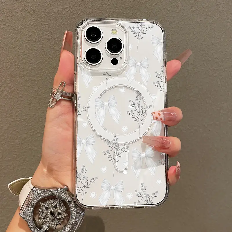 Trendy Magnetic Case for iPhone11/12/13/14/15/16/17/promax, Monochrome Bow Floral Ultra Slim, MagSafe Support, Shockproof |   Playful & Fun Style
