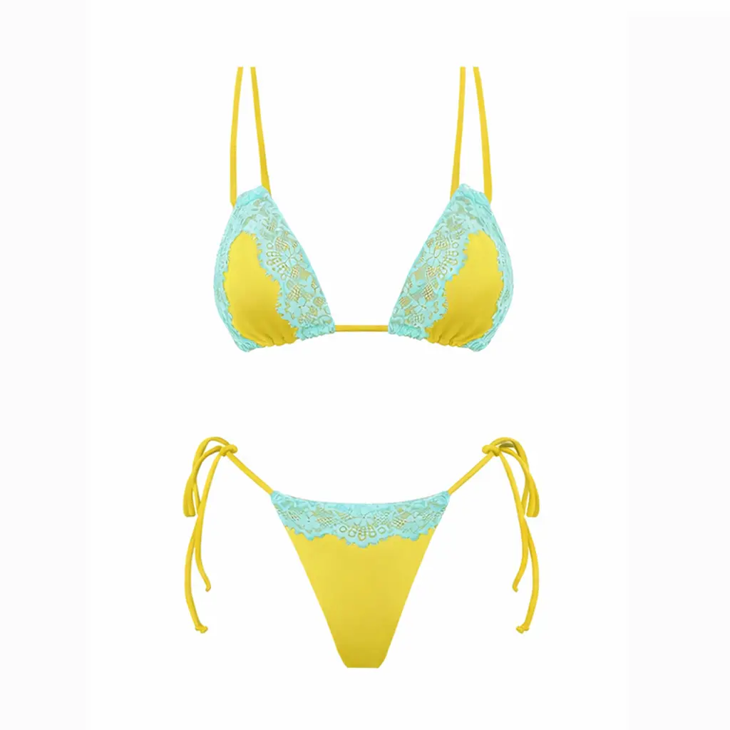 2026 new women’s triangle bikini set featuring lace patchwork and contrasting colors; a mini two-piece swimsuit set with a low-rise tie design and separate pieces. Fashionable and sexy beachwear for holidays, resort wear, swimwear, hot springs outfits, an