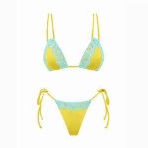 2026 new women’s triangle bikini set featuring lace patchwork and contrasting colors; a mini two-piece swimsuit set with a low-rise tie design and separate pieces. Fashionable and sexy beachwear for holidays, resort wear, swimwear, hot springs outfits, an