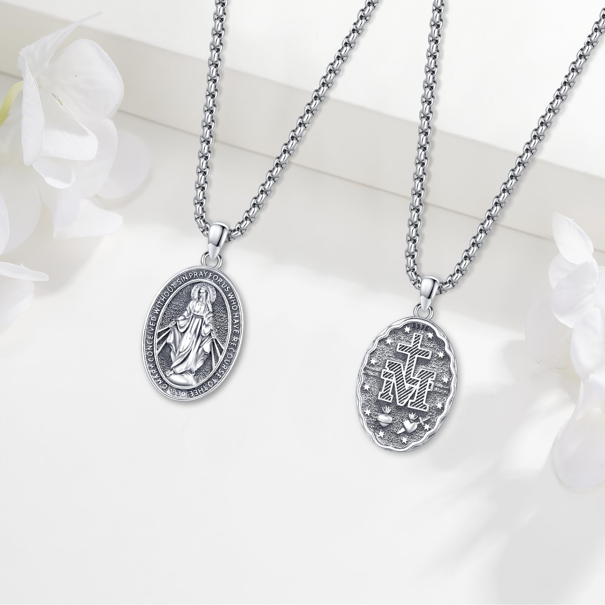 Audinceed Miraculous Medal Necklace for Women, 925 Sterling Silver Saint of Faith and Divine Catholic Medal Pendant Amulet Religious Jewelry Gift