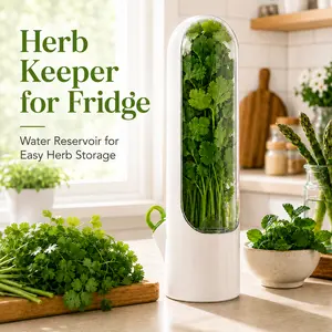 MIUVA Herb Keeper for Refrigerator, Transparent Herb Storage Container with Water Reservoir, Cilantro Saver Fridge Organizer for Mint, Parsley, Green Onions & Asparagus