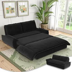 73.2" Queen Size Sleeper Sofa Bed, Pull Out Couch with Adjustable Back, 3 in 1 Convertible Sofa, Velvet Loveseat Sleeper Couch for Living Room, Bedroom, Black