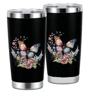 Elegant Floral Butterfly Design 20oz Stainless Steel Cup,Thermos Cup with Lid ,Reusable Drinking Cup, High-Quality Water Bottle for Iced Coffee, Beer, Juice, Milk, Cold Drinks, Fashionable, Perfect Gift for Coffee Lovers, Friend, Family