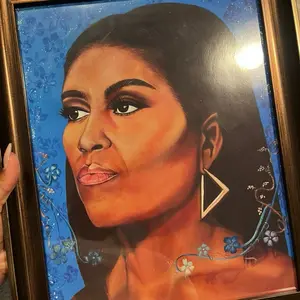 Michelle Obama Portrait Print - 11x 14 inches, Blue Floral Background Artwork Featuring Iconic Figure