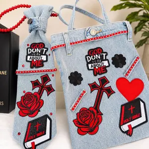 Custom Denim Purse and Tie Set God Don't Play About Me Jean Tote with Embroidered Patches Rhinestone Accents Handmade Christian Gift Upcycled Denim Fashion