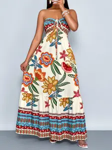 Women's Summer Casual Vacation Plant Print Dress, Off-Shoulder Drawstring Halter Back Tie, Long Sleeveless Fitted Dress, Fashionable Women's Clothing