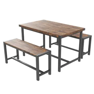 Kitchen Table With 2 Benches 3 Piece Dining Set For 4 Industrial Rectangular Compact Table Set For Small Kitchen Breakfast Nook Dining Room