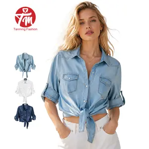Tanming Women's 3/4 Sleeve Denim Tie Knot Crop Top | Y2K Western Button Down Shirt for Summer Outfits