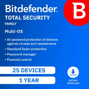 Bitdefender Total Security Family - New  range | 25 devices | 1 year |PC/Mac/iOS/Android