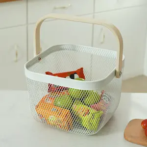 Wooden Handle Iron Storage Basket, Hollow Home Fruit Vegetable Basket, Outdoor Portable Picnic Vegetable Basket, Multi-functional Souvenir Decorative Basket
