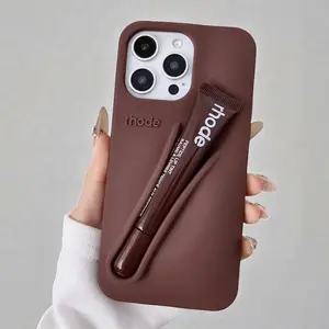 Rhode Cute Makeup Phone Case with Built-In Lip Gloss Storage for iPhone 11 12 13 14 15 16 17, Stylish Protective Back Cover, Portable Beauty Phone Accessory for Travel
