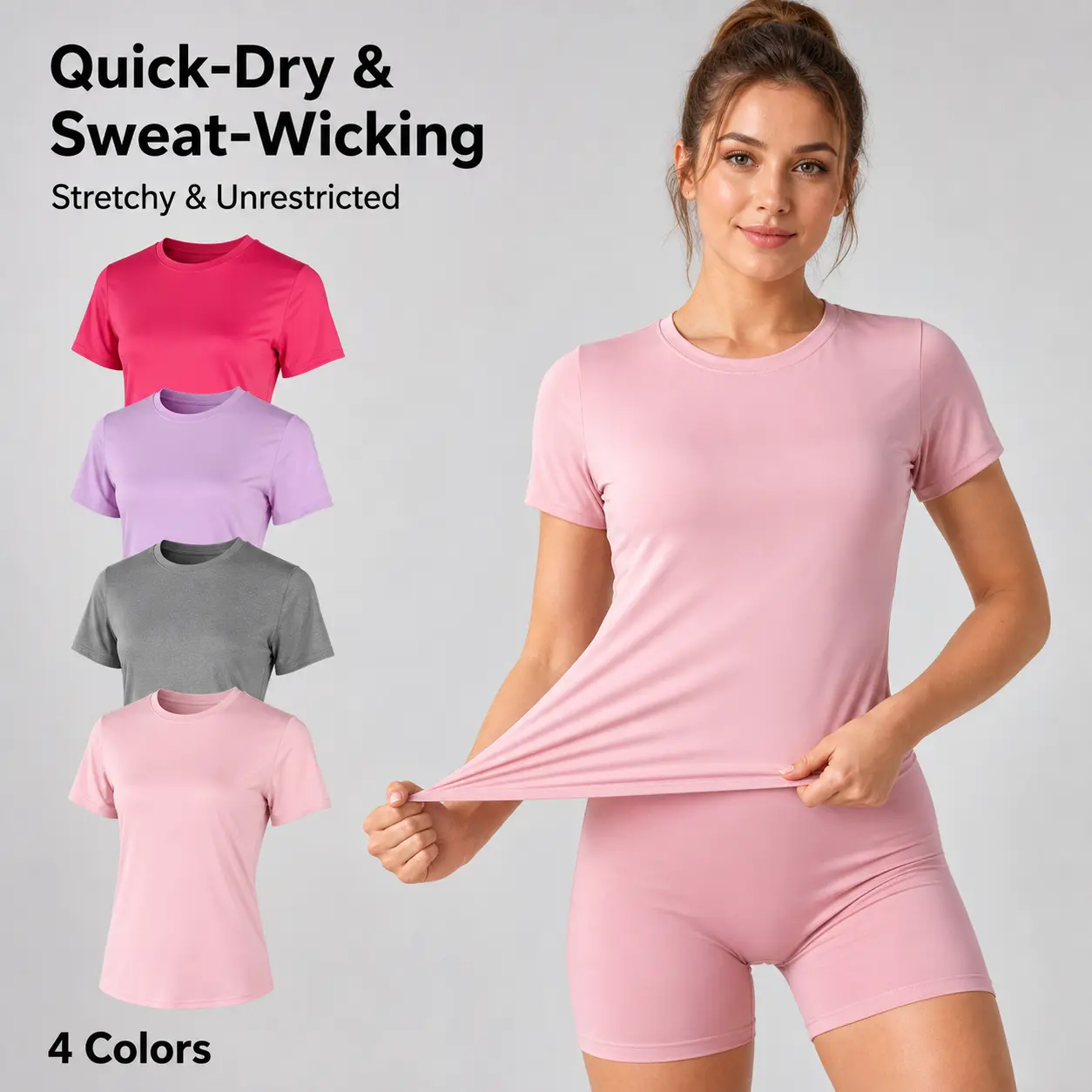 4-Piece Solid Sports Tee Set Round Neck Slim Stretchy Ideal for Yoga Gym Workouts Women's Athletic Wear Sporty Style Clothes gym shirts workout tops oversized gym shirts Fitness Outfit