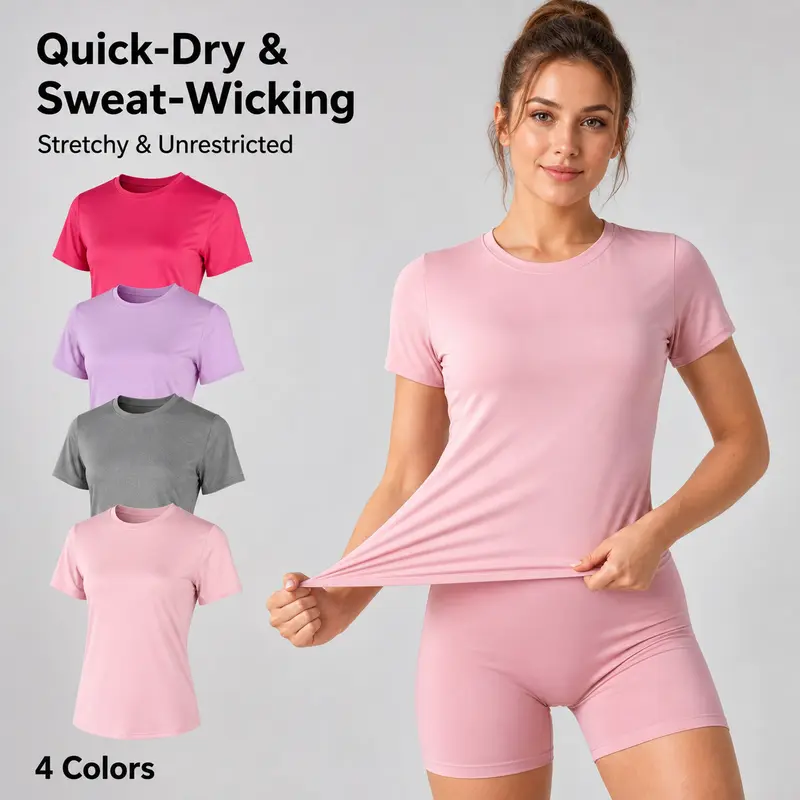 Women's 4-Tee Value Set - Solid Athleisure Breathable Clothes, Slim Stretchy Crew Neck Quick Dry T-Shirts, Casual Comfy Sporty Gear for Yoga Sessions, Fitness Routines