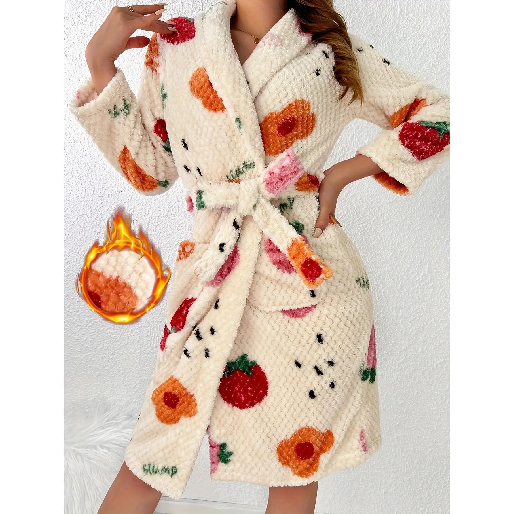 Fruit Printed Plush Nightgown - Warm Long Sleeved Nightgown With Belt And Pocket - Cozy Multicolor Loungewear For Women Womenswear Homewear Soft Breathable Fabric Sleepwear Robe