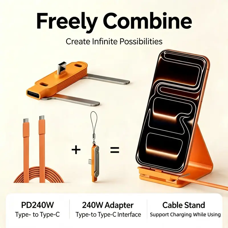 240W USB-C to USB-C Invisible Charging & Data Cable with Foldable 360° Holder, Detachable 2-in-1 Sideways Fast Charging Function, Ideal for Desk Gaming, Office Use