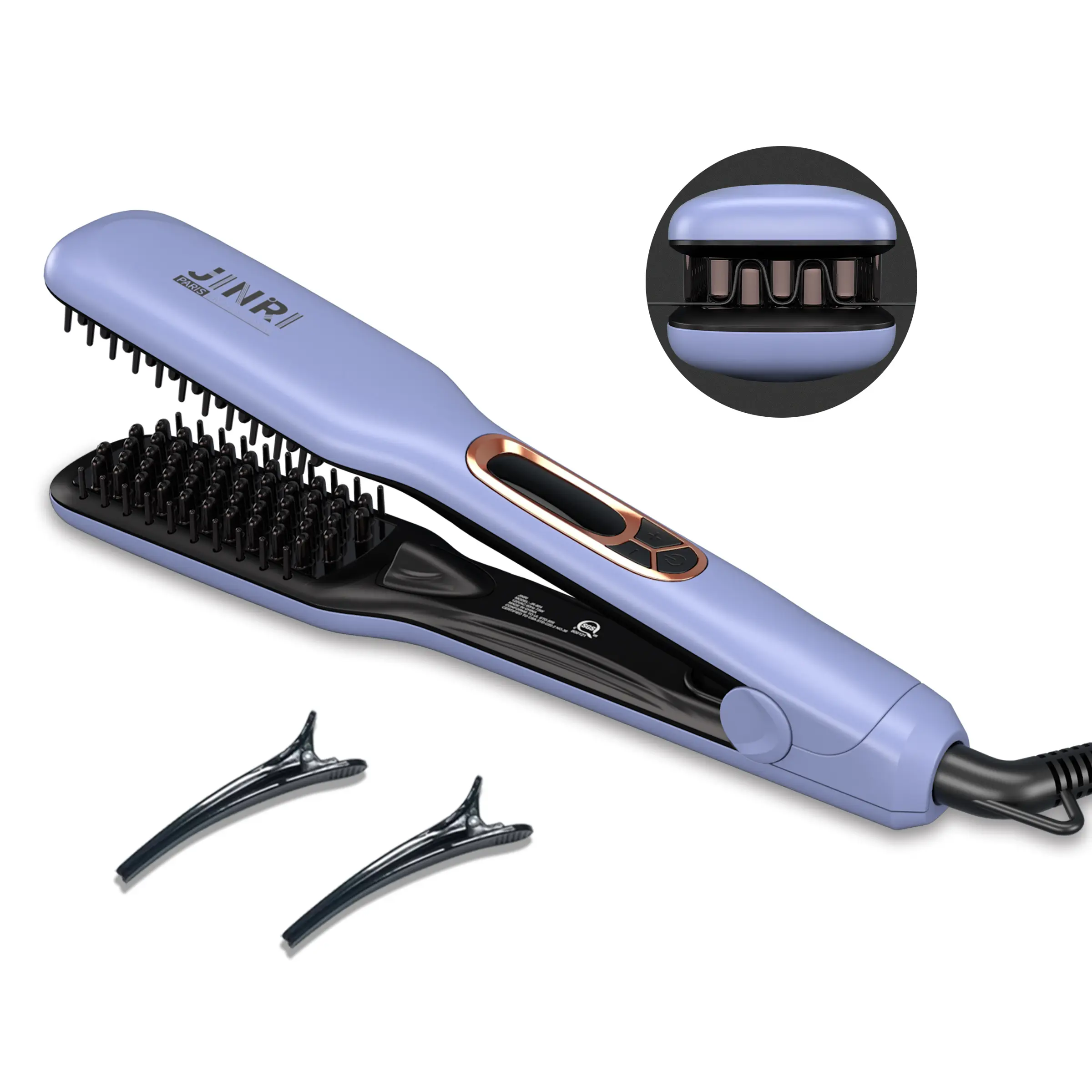 JINRI 3-in-1 Curling Wand & Flat Iron Hair Straightener and Hair Brush, Fast Heating Ceramic Flat Iron, Best Hot Tools Professional 1.26 inch Hair Iron, Dual Voltage (100-240V), Purple