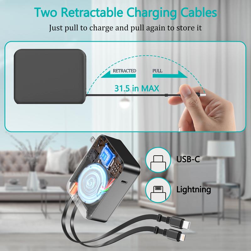 35W Retractable Wall Charger with Dual Cables & 3-Port Hub, Fast Charging for iPhone 16/15/14/13/12/11, iPad, Samsung, LG & More