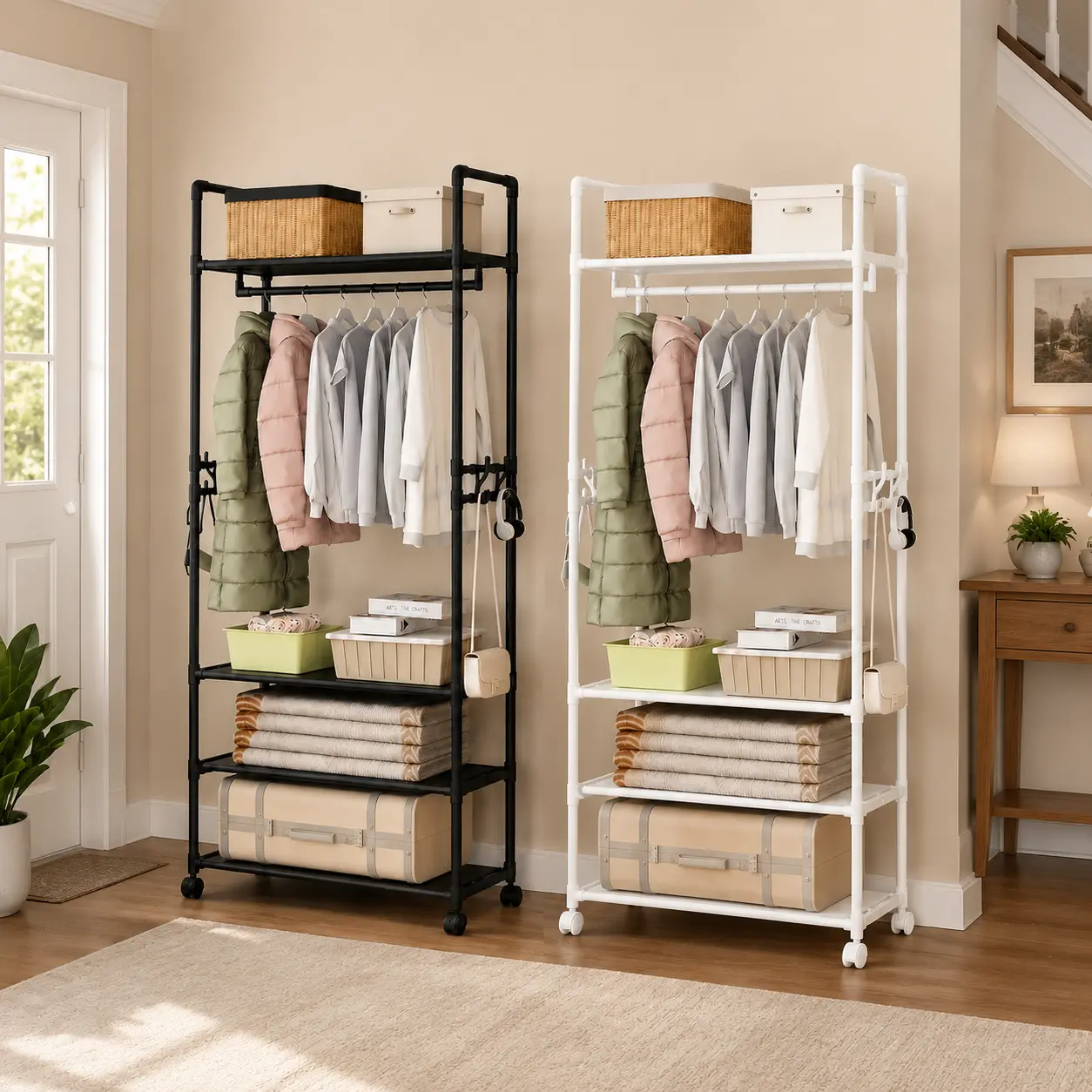 Modern Clothes Rack with Storage Shelves, Rolling Wardrobe Organizer, Space Saving Garment Rack for Bedroom & Apartment