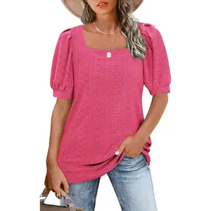 Lannew Womens Summer Square Neck Tee Short Sleeve Eyelet Casual Fit Tunic Top