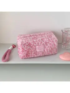 Korean Style Winter Leopard Print Plush Handbag, Student Carry Bag, Portable Skincare Organizer, Large Capacity Pencil Case