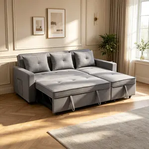 Grey Breathable Sackcloth Fabric Living Room 3-Piece Recliner Extendable Sofa Set, lightweight breathable sackcloth surface, flexible reclining function, extendable spacious design, comfy thick cushions, sturdy solid frame, multi-functional home furniture