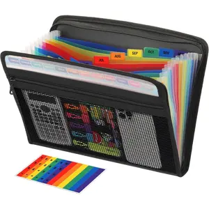 Zippered Accordion File Organizer with Front Mesh Pouch, 13 Pocket Expanding File Folder, Fit for Documents Letter Size A4 Papers, Black