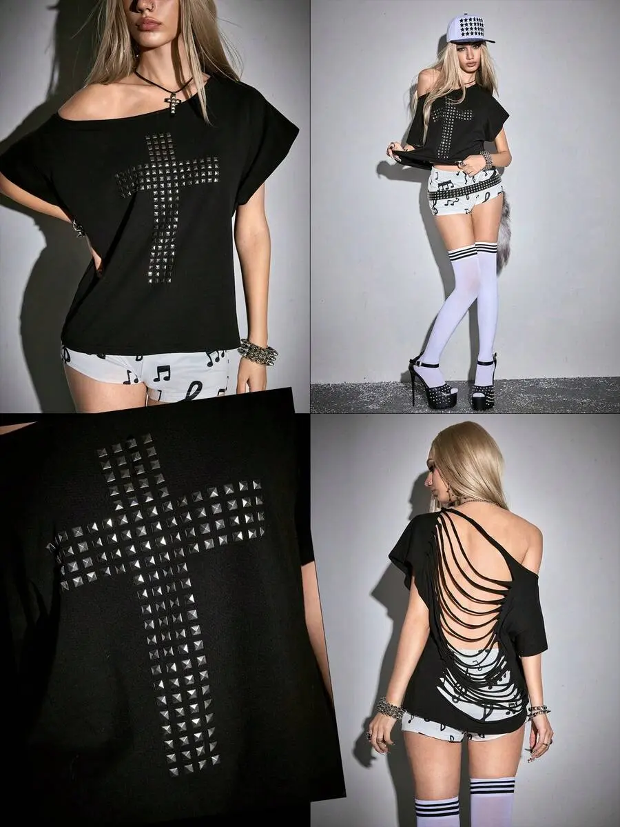 Goth Grunge Punk Spring/Summer Y2K Punk Kpop Cross Rivet Design Laser Cut Loose Fit Solid Color Casual Shirt