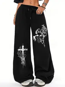 Black Oversized Dark Gothic Cross & Figure Graphic Wide-Leg Pants - Alt Culture Streetwear Trousers, 2025 Trending Gothic Subculture Casual Pants, Soft Comfortable Fabric Perfect for Gothic Fan Daily Wear, Subculture Gatherings & Street Style Showcases, B