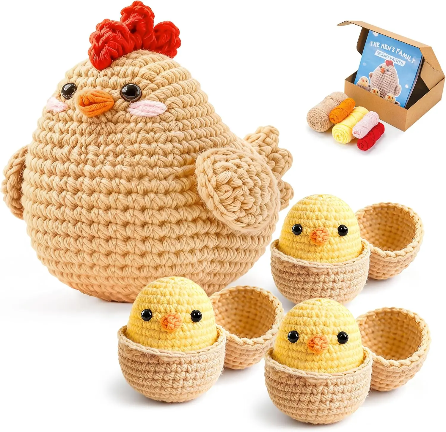 Joyclub Crochet Kit for Beginners 4 Pcs Chicken Family Amigurumi Crochet Starter Kits with Step-by-Step Video Tutorials DIY Craft Gift for Adults Kitting Lovers Mother Teacher Student