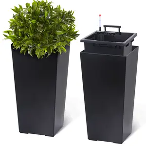 Set of 2 Tall Black Self-Watering Planters – Plant Pots with Drainage Holes, Water Level Monitor, Inner Bucket – Ideal for Large Plants, Porch, Patio, or Garden