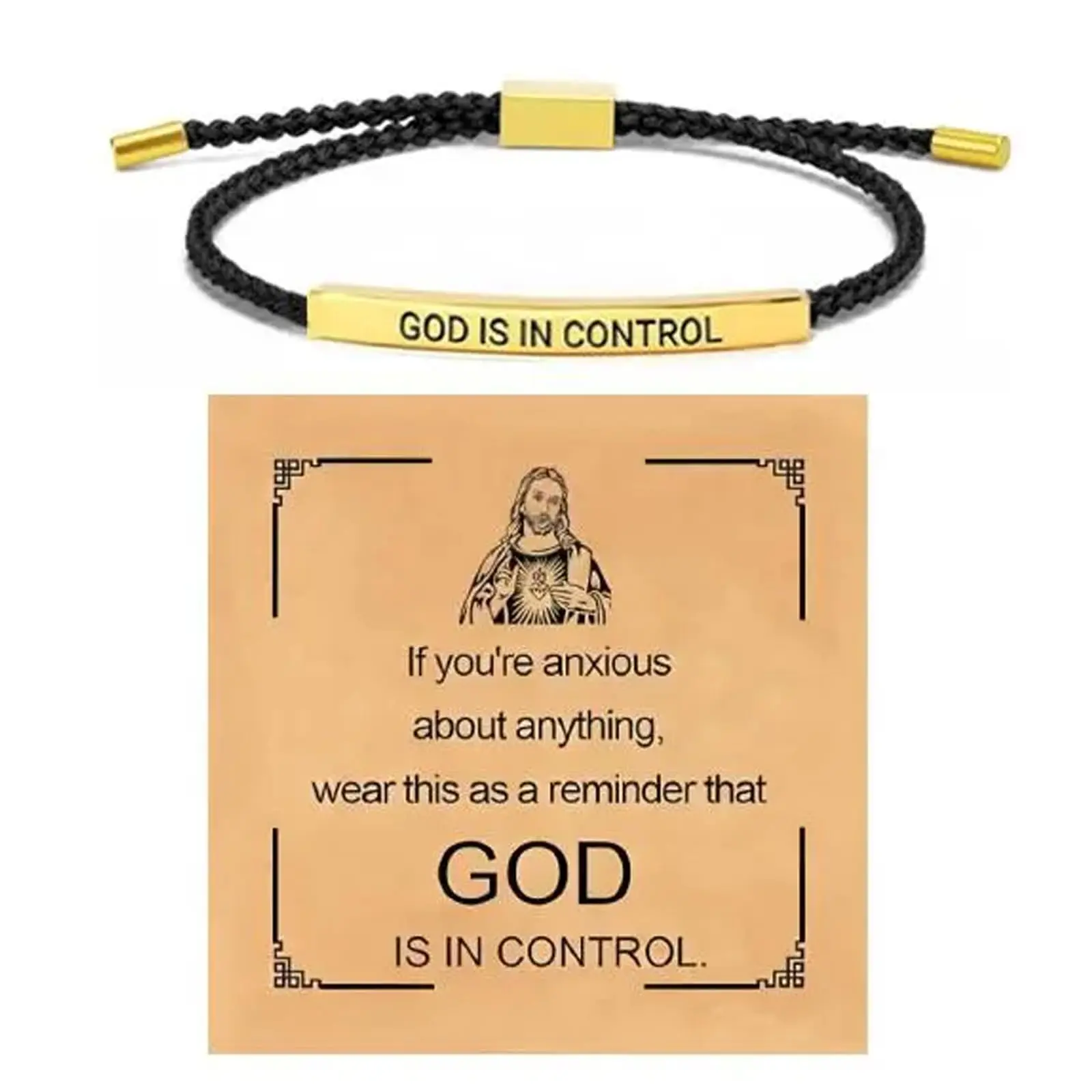 Christian Faith Engraved Bar Bangle - Stainless Steel Adjustable Braided Rope Bracelet, Religious Gift for Father’s Day, Thanksgiving, Anniversary (For Men & Women), Birthday, Christian Faith Bracelet, Unisex Names, Daily, Bracelets, Sliding Knot Adjusts