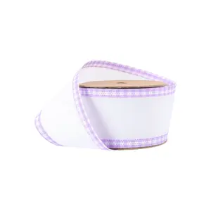 2 1/2" Wired Ribbon | White w/ Purple Gingham Edging | 10 Yard Roll Spring decor Easter Day decor Valentine’s Day decor wrapping gifts