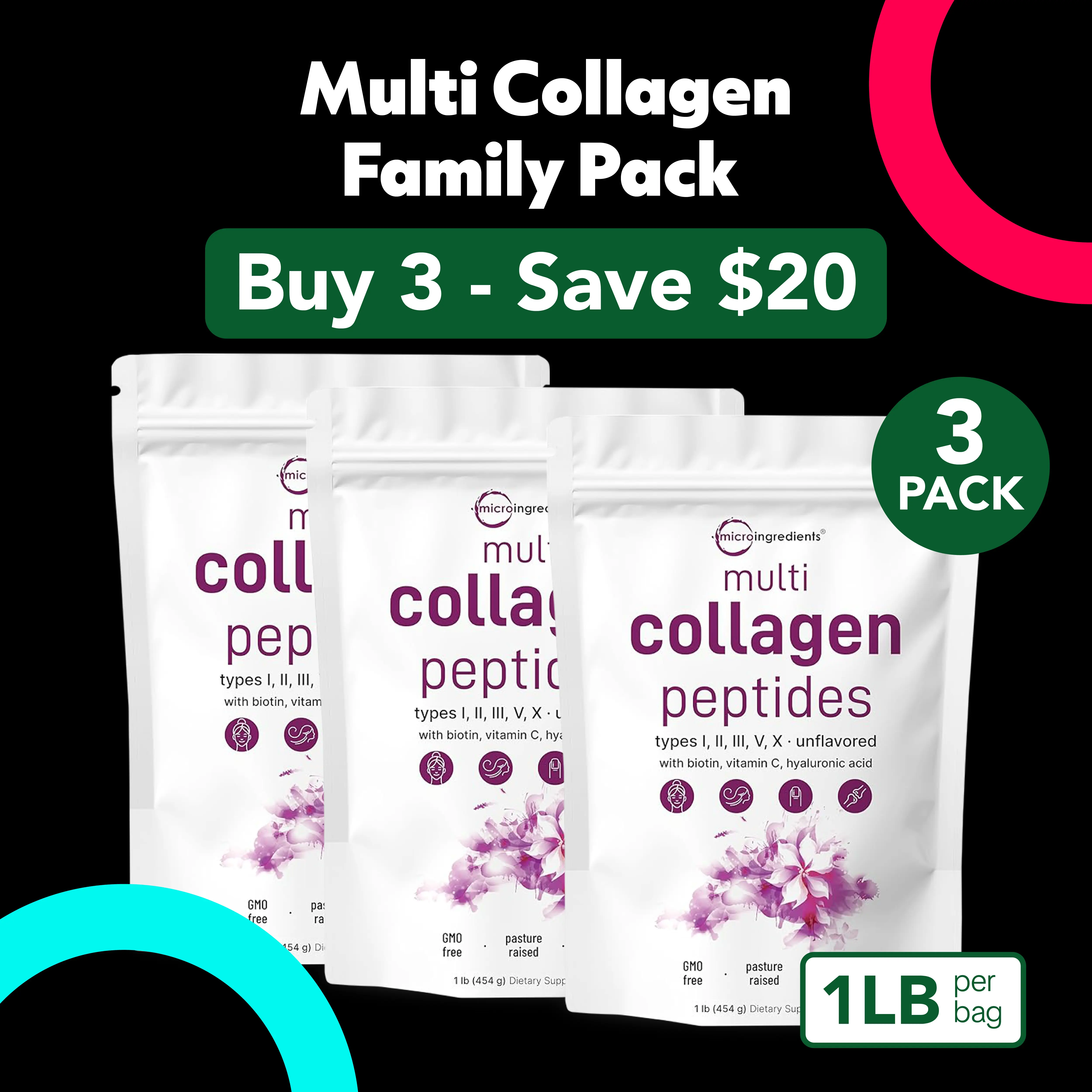 Micro Ingredients Multi Collagen Peptides Powder Family Pack Micro Ingredients Multi Collagen Peptides Powder Family Pack