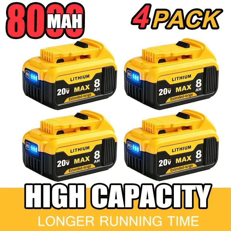 4/2/1 Pack DCB200 8.0Ah 20V High-capacity Lithium-ion Replacement Batteries+ DCB104 Charger That Supports Simultaneous Charging Of Both 12V And 20V Max Batteries, Compatible with The DCB207, DCB206, DCB204, DCB203, DCB201 Series Batteries