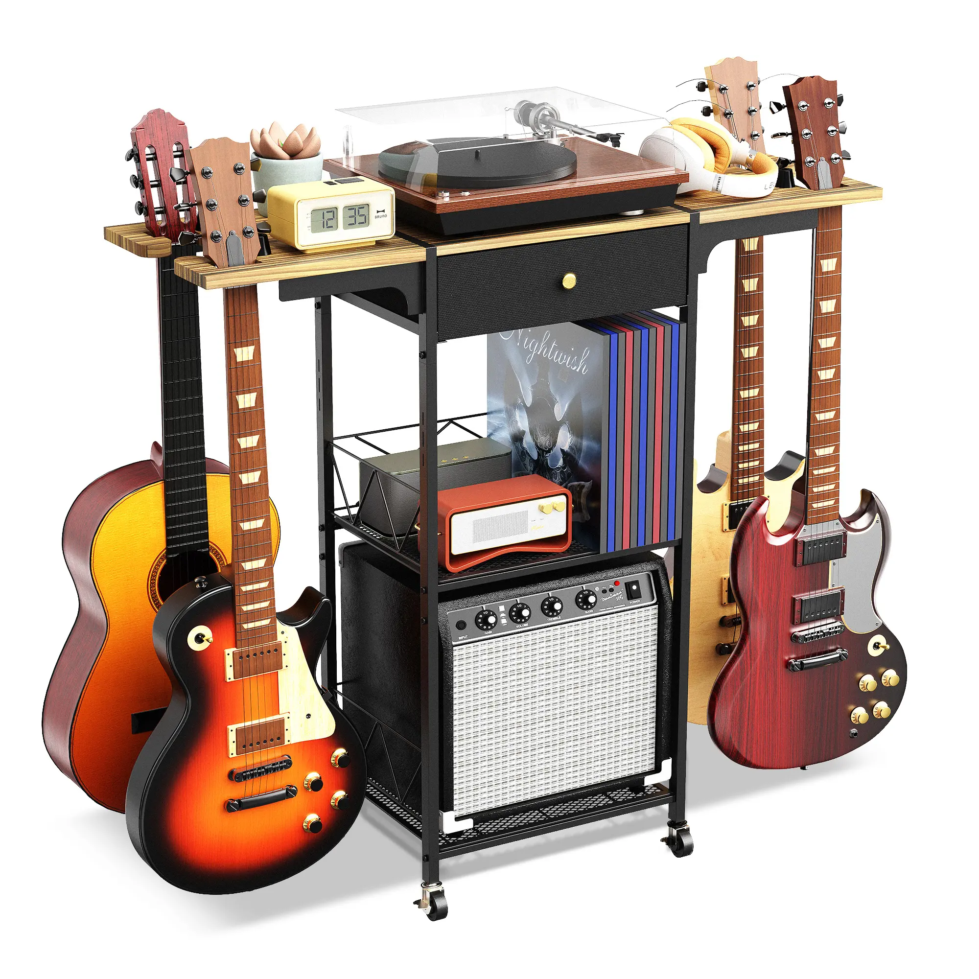Wooden 3-In-1 Adjustable Floor Rack - 3-Tier Multi Guitar Stand with 4 Holders, Wheels, Amplifier Stand, Drawer for Acoustic, Electric, Bass Guitars (For Music Lovers, Compatible with USB Audio Interfaces, Mixers)