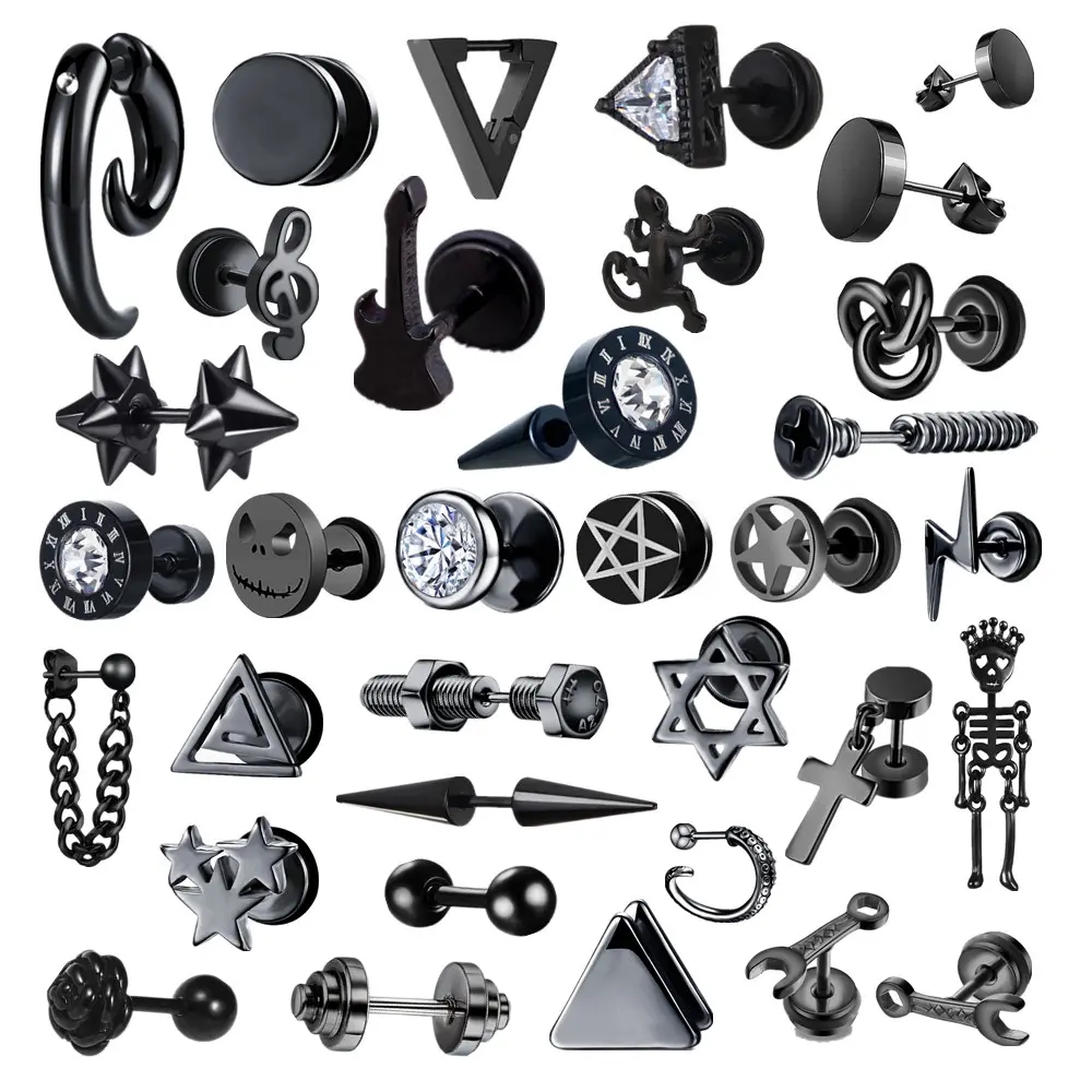 Stud Earrings for Women, Black Geometric Punk Look in Stainless Steel with Zircon for Daily Wear, Black Earrings, Set Pair, Female, Geometry, Metal Coating, Two Piece Set