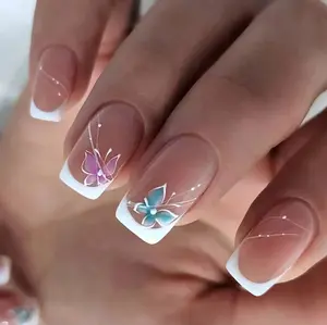 Butterfly French Tip Press On Nails | CurvLife Nail | 24pcs Medium Square Fake Nails | Elegant Floral Butterfly Design | Easy Apply, Natural & Comfortable | Daily, Business & Event Nail Art