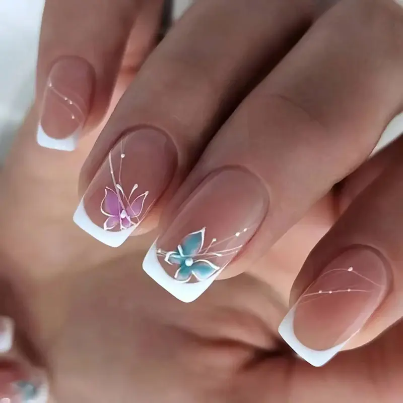 Butterfly French Tip Press On Nails | CurvLife Nail | 24pcs Medium Square Fake Nails | Elegant Floral Butterfly Design | Easy Apply, Natural & Comfortable | Daily, Business & Event Nail Art