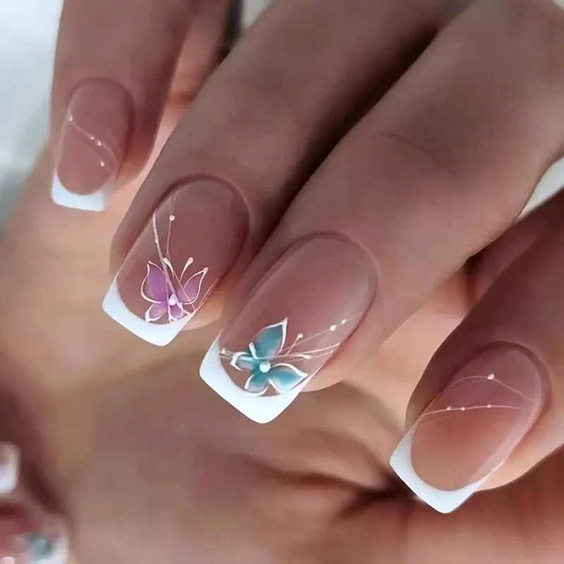 Butterfly French Tip Press On Nails | CurvLife Nail | 24pcs Medium Square Fake Nails | Elegant Floral Butterfly Design | Easy Apply, Natural & Comfortable | Daily, Business & Event Nail Art