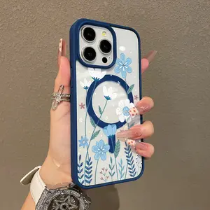 Adorable Magnetic Case for iPhone11/12/13/14/15/16/17/promax Blue and White Wildflowers MagSafe Compatible, Lightweight, Anti-Fall | Girly & Chic Style