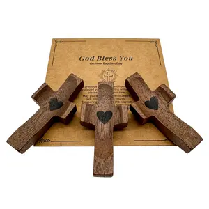 3/6pcs Holding Walnut Cross, Prayer Cross With Engraved Heart Pattern, Gifts, Baptisms, Mass, Sympathy Gifts, Portable Blessing Cross Decor Religious Ornaments